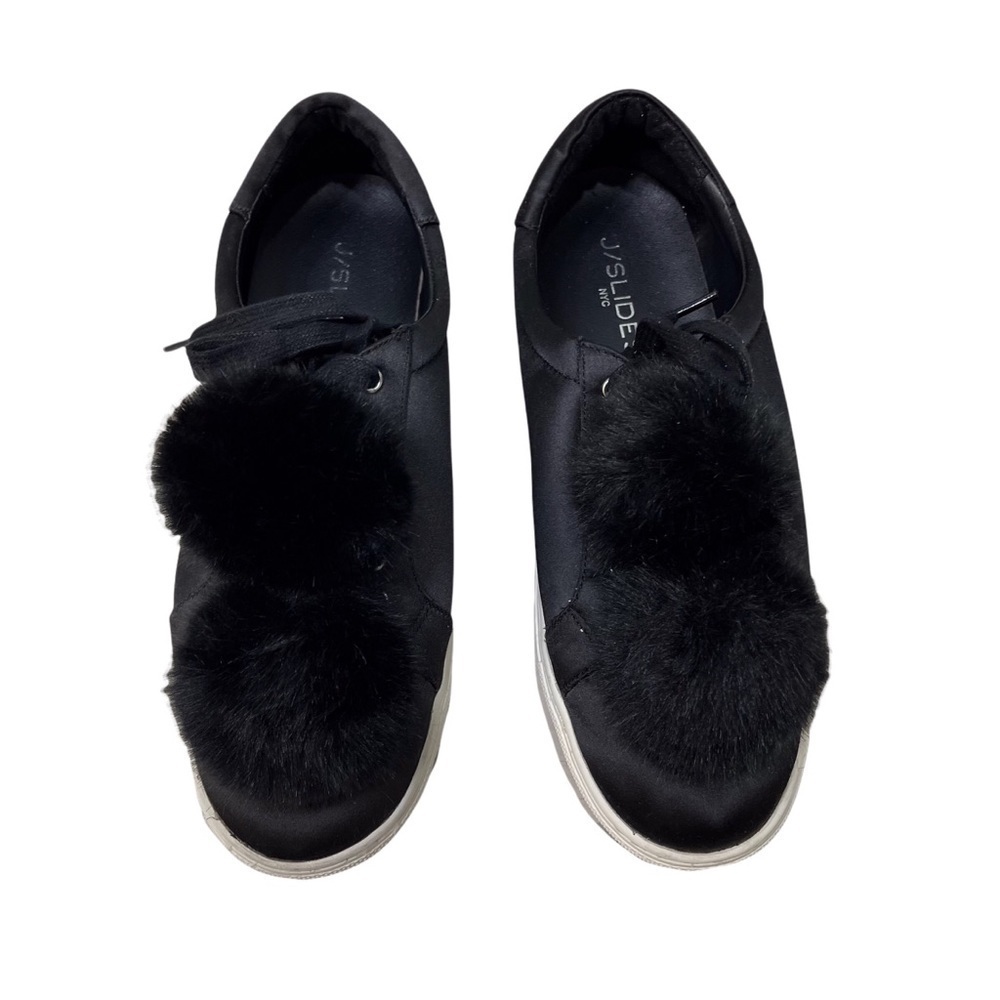 J/Slides NYC Alpha Satin Pom Poms Sneaker Black Lace Up Size 8.5 Platform - Picture 4 of 11